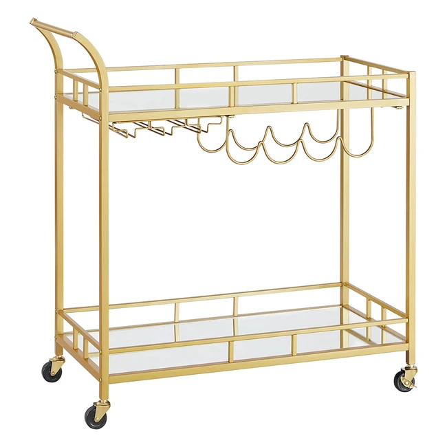 VASAGLE Servierwagen mit Glashalter, 2 Spiegelglasböden, Barwagen, Weinwagen, Küche, Esszimmer, Bar, Gold LRC090A03