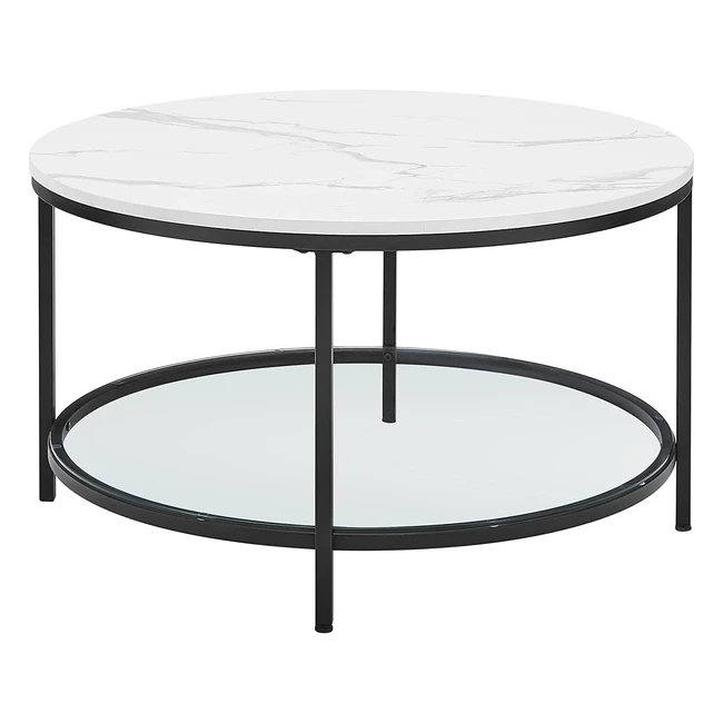 VASAGLE LCT071B13 Couchtisch mit Glasplatte, viel Stauraum, einfache Montage, moderner Stil, weißer Marmoreffekt, schwarzer Rahmen