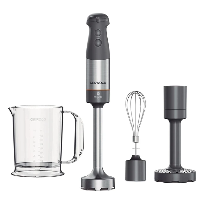 Frullatore ad Immersione Kenwood TriBlade XL HBM60007GY - Asta in Acciaio Removibile con Frusta, Schiacciaverdure e Bicchiere Graduato da 0.75L - Potenza 1000W Grigio