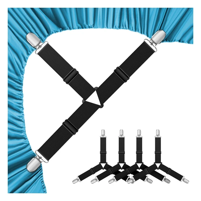 Set de 4 tendeurs élastiques triangulaires pour draps et housses, réglables 17-46cm, non-dommageables, couleur noir