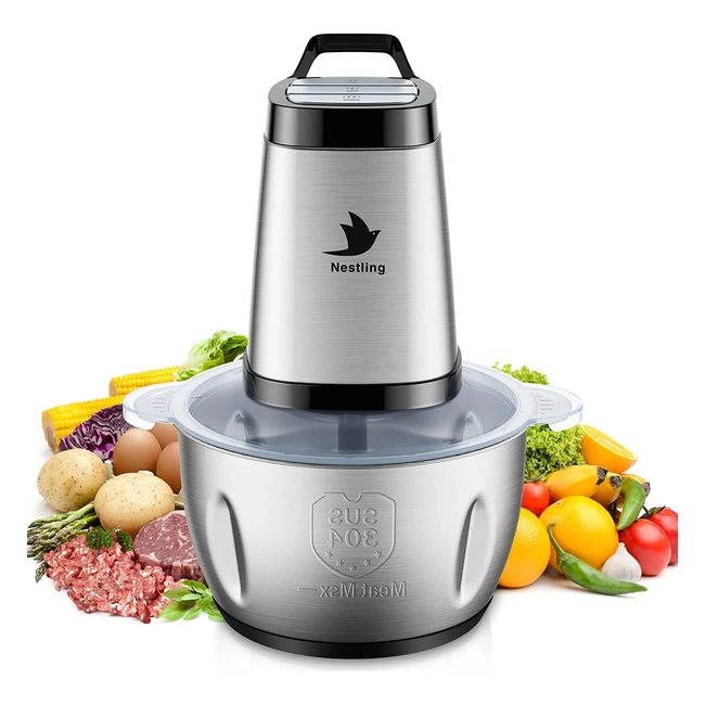 Hachoir Électrique Nestling 600W avec 4 Lames Tranchantes pour Viande et Noix, Bol en Acier Inoxydable de 2L, Contrôle 3 Vitesses et Nouvelles Fonctions