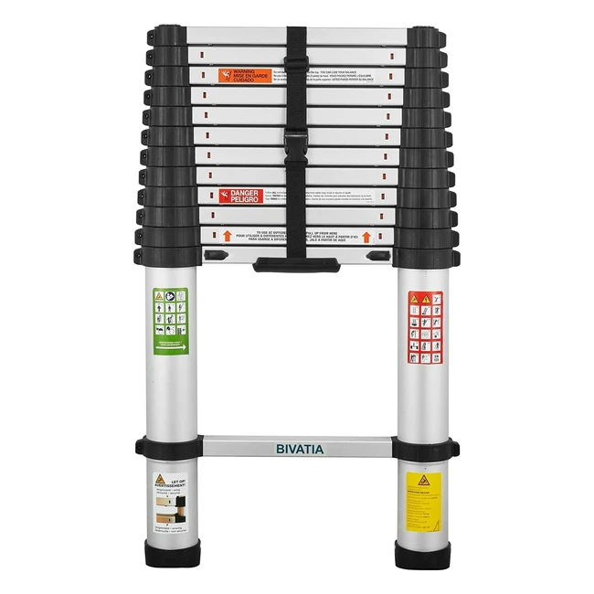 Bivatia Telescopic Ladder 38m Aluminum EN131 with 16ft Max Reach and 330lbs Capacity - Portable and Collapsible