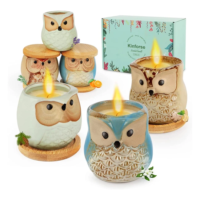 Kinforse Scented Candles Set - 6 Pack Owl Gifts for Women - Natural Aromatherapy Candle Bulk Gift with Tropic Jasmine, Lavender, Sweet Orange, Ginger, Cedar and Rosemary