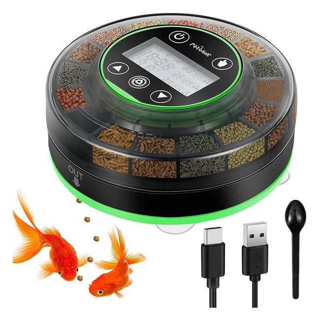 Mangeoire automatique pour poissons Petbank - 16 grilles pour 15 repas - Minuterie rechargeable - Écran LCD