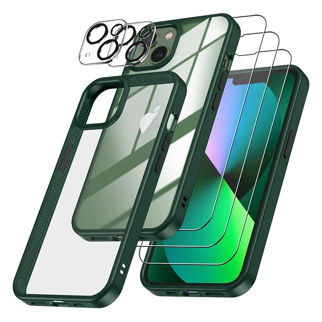 Coque Emetok 6en1 pour iPhone 13 et 14 - Protection 360°, Anti-jaune, 3 verres trempés, 2 protecteurs caméra - Vert