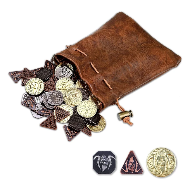 Byhoo 60pcs DND Coins with Leather Pouch - Gold, Silver, and Copper Fantasy Coins for Board Games
