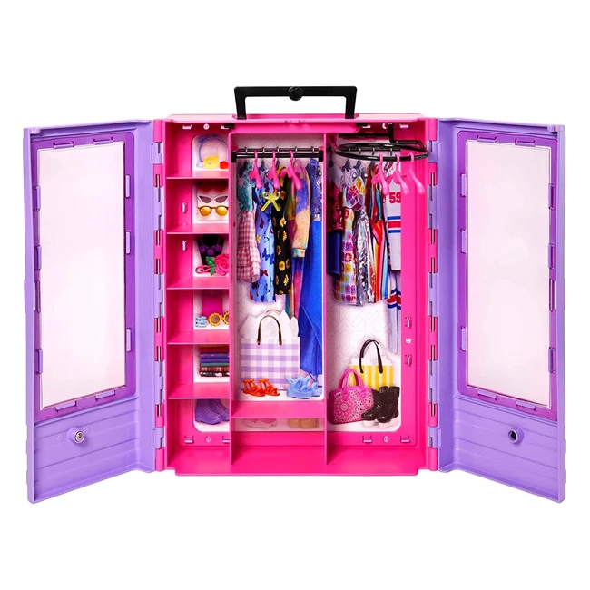 Barbie HJL65 Ultimate Wardrobe - Tragbarer Kleiderschrank mit Kleiderstange, transparenten Türen und 6 Kleiderbügeln