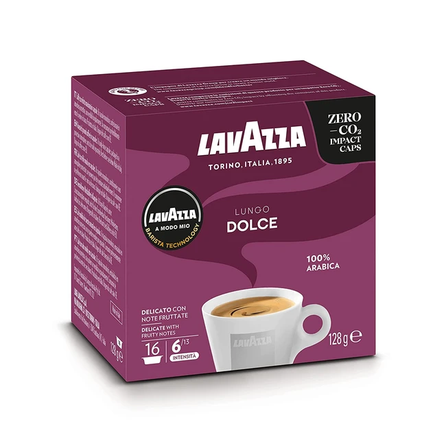Lavazza A Modo Mio Lungo Dolce 16 Kaffeekapseln - Aromen von getrockneten Früchten - 100% Arabica - Intensität 613 - Mittlere Röstung