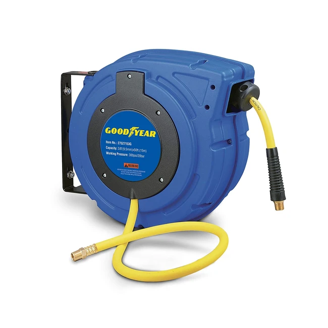 Goodyear Steel Retractable Air Compressor Hose Reel - Max 300 PSI, Enclosed, 38 x 15m - Durable, Easy Mounting, Multifunction Hose