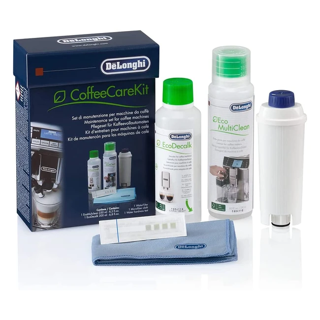 DeLonghi Original CoffeeCareKit DLSC306 - Pflegeset für Kaffeemaschinen - enthält 200 ml EcoDecalk, 1250 ml EcoMultiClean, Wasserfilter, Mikrofasertuch und Wasserhärte-Test