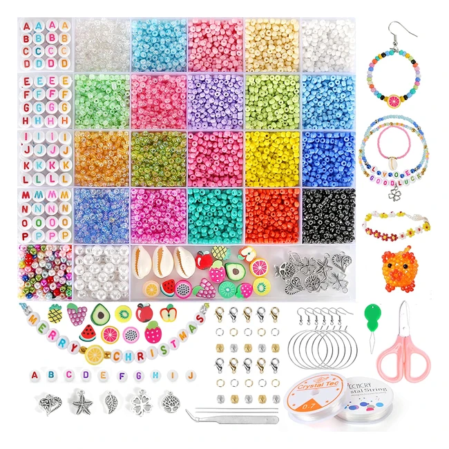 Kit de perles pour bracelet avec lettres, bijoux bricolage pour adulte et enfant, 9500 perles pastel rocaille, colliers et d'oreilles