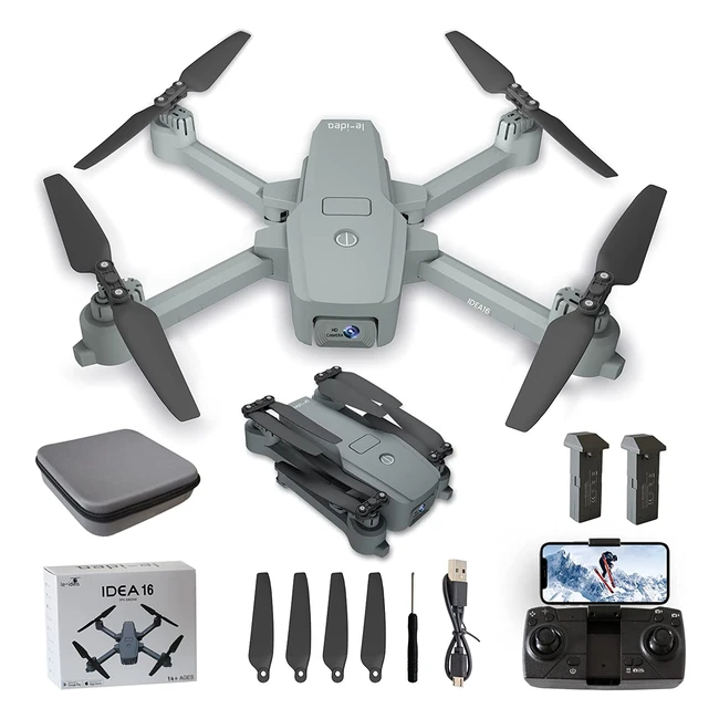 Drone con Fotocamera 4K Idea16 RC FPV Drones - Posizionamento del Flusso Ottico - 2 Telecamere - Pieghevole - WiFi 5 GHz - 2 Batterie