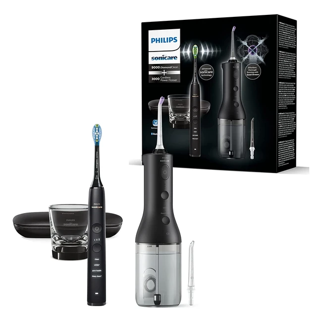 Philips Sonicare Power Flosser & DiamondClean 9000 Elektrische Zahnbürste - Saubere Zähne, sauberes Zahnfleisch und Plaqueentfernung - Schwarz - Modell HX386643