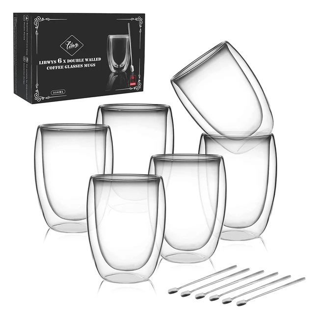 Libwys 6 Pack Double Walled Coffee Glasses - Heat Resistant Cups for Cappuccino