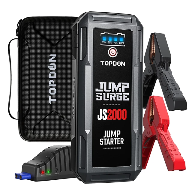 Topdon JS2000 Car Battery Charger Jump Starter - 2000A Peak, 8L Gas/6L Diesel Engines, Portable Battery Booster with Jumper Cables and EVA Protection Case