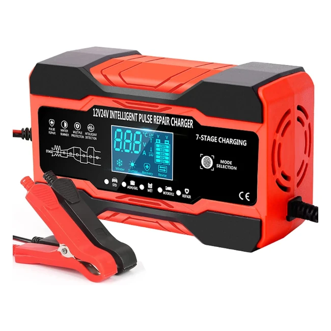 10A Car Battery Charger 12V/24V - LCD Screen - AGM, Wet, Gel, Lead Acid - Intelligent Charging & Repair