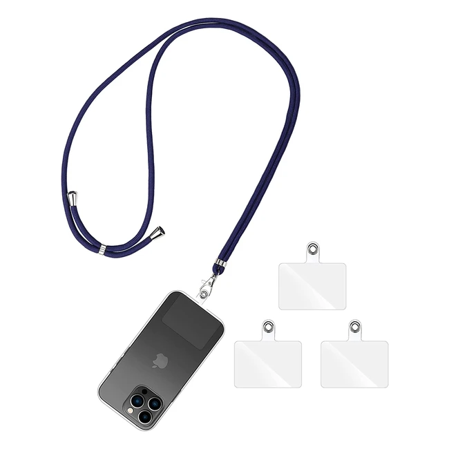 Cordon tour de cou universel Olliwon pour téléphone portable avec 3 patchs - Bleu foncé