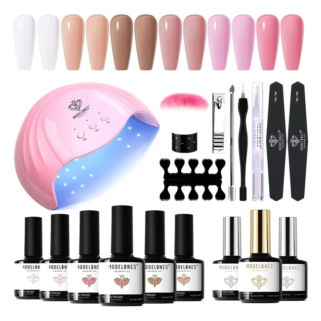 Kit Manucure Semi Permanent Modelones 48W UV avec 19pcs Ongle Gel UV Complet Jelly Rose Nude, 6 Couleurs 7ml Vernis Gel, 3 Base Top Coat, Accessoires Nail Art et Outils - Cadeau Parfait