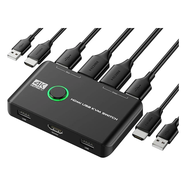 Rybozen 4K HDMI KVM Switch - 2 Port Box for 2 Computers with Keyboard, Mouse, Printer and HD Monitor Sharing