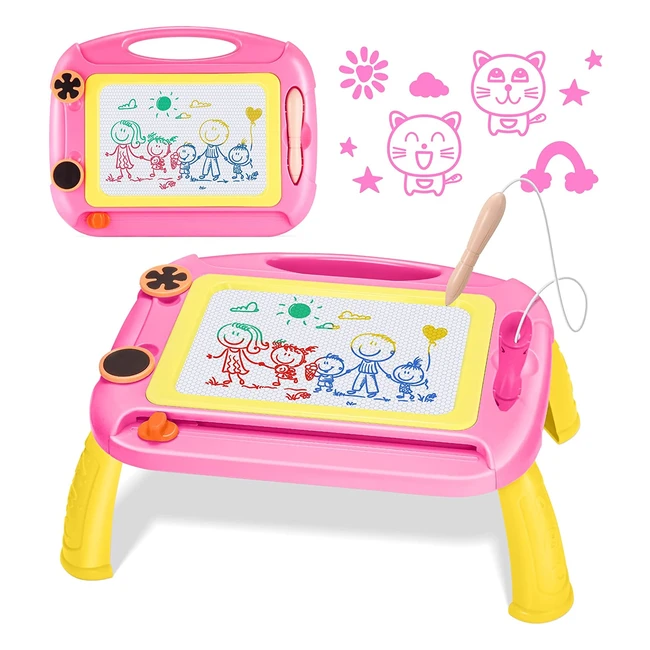 Ardoise Magique Enfant - Tableau de Dessin Magnétique Effaçable 4 Couleurs avec Tampons et Pinceau Magnétique - Jouet et Cadeau pour Enfants