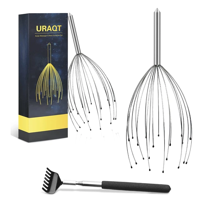 Deep Relaxation Head Massager Set - URAQT 3 Pack with 20 Prongs and Retractable Back Scratcher
