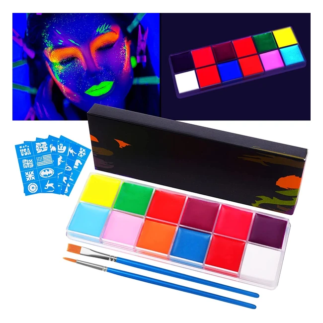 Uraqt Neon Face Paint Kit - 12 Colors 2 Brushes 40 Stencils UV Glow Safe Oil
