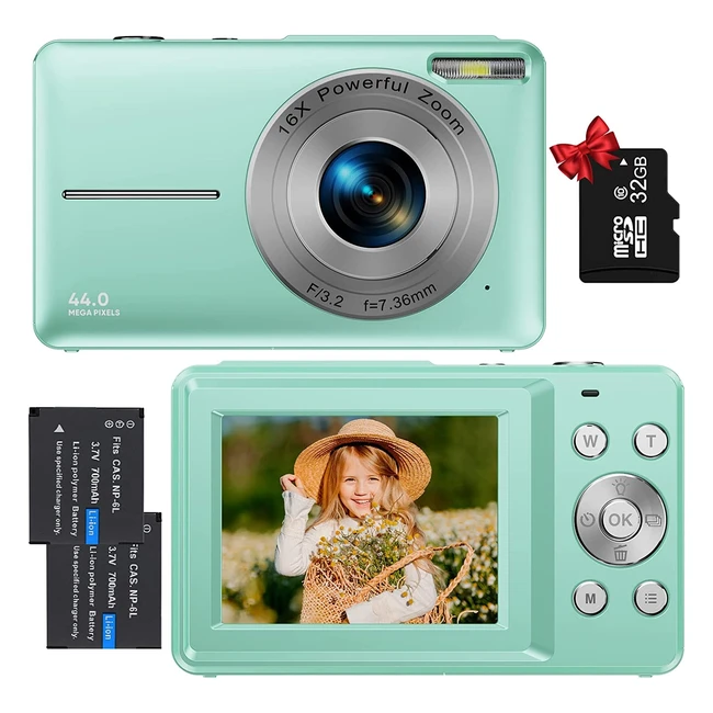 Macchina fotografica digitale compatta FHD 1080p 44MP con scheda da 32GB e zoom 16x - Verde