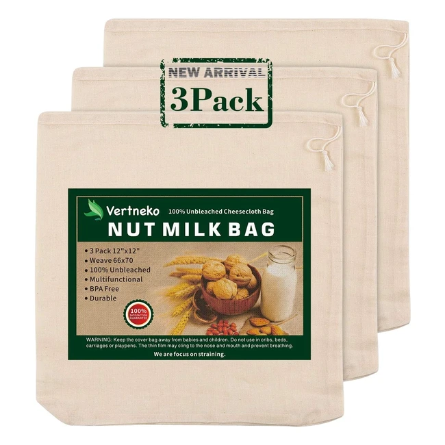 Nut Milk Bag Reusable 3 Pack - 12x12 All Natural Cheesecloth Bags - Strainer for