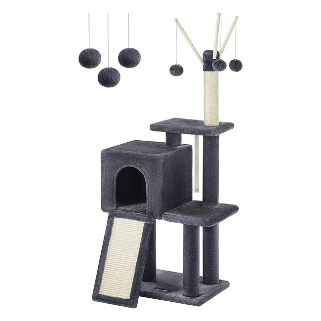 Feandrea Cat Tree Tower - Smoky Grey PCT143G01 - Scratching Ramp, Comfy Cave, Multilevel Fun