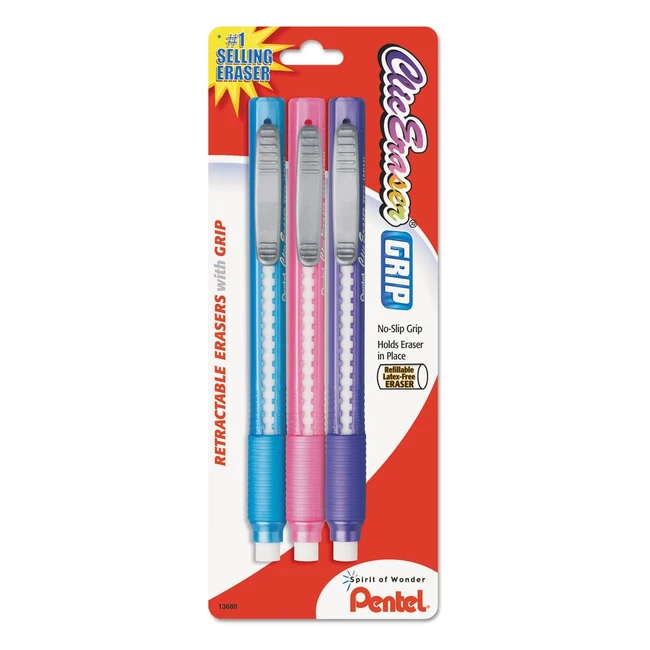 Pentel Clic Retractable Eraser with Grip - 3 Pack (ZE21TBP3M)