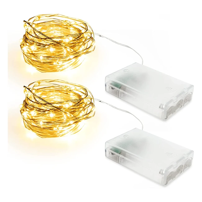 Guirnalda de luces LED con pilas, 5m de largo, 50 LED micro de alambre, decoración de alambre de cobre para fiestas, bodas, Navidad, balcón y jardín - Pack de 2
