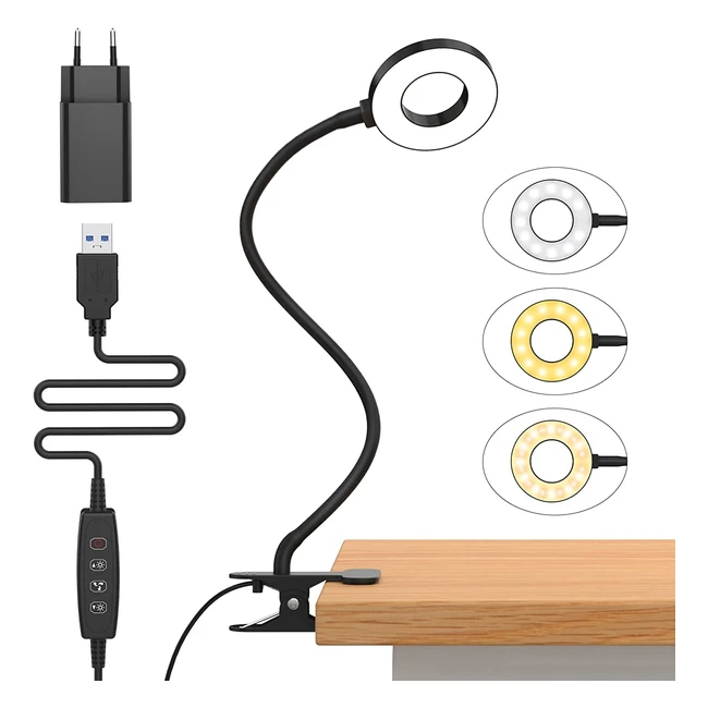 Lámpara LED de Lectura Izell 23 con Clip - 3 Colores y 10 Brillos - Flexo LED Escritorio con Pinza - Bloqueo de Luz Azul - Adaptador Incluido