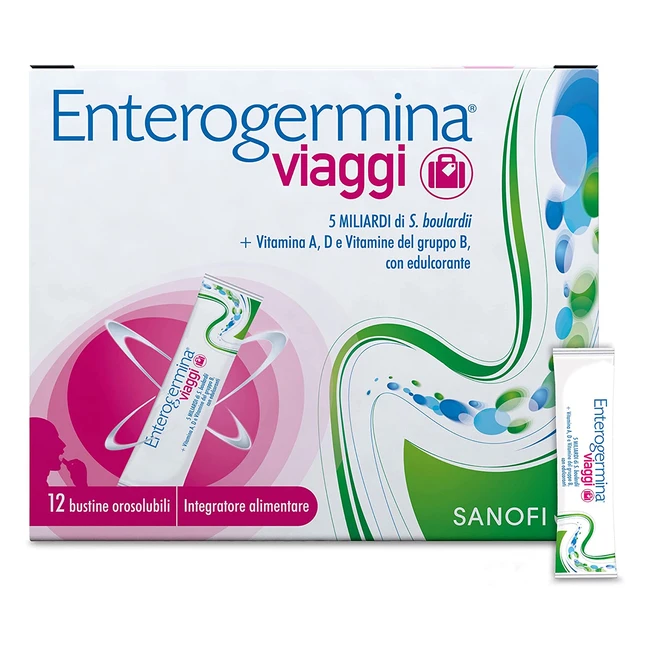 Enterogermina Viaggi - Integratore Alimentare per Regolarità Intestinale con Probiotici e Vitamine B6, B9, B12, A e D - 12 Bustine Gusto Fragola