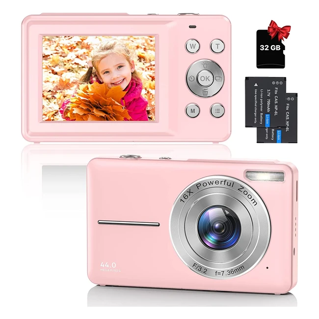 Appareil photo numrique compact 1080p HD 44MP avec carte 32Go - Zoom 16x - Ros