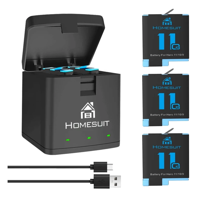 Homesuit Hero 91011 Batteries & Charger for GoPro Hero 11/10/9 - 3 Pack