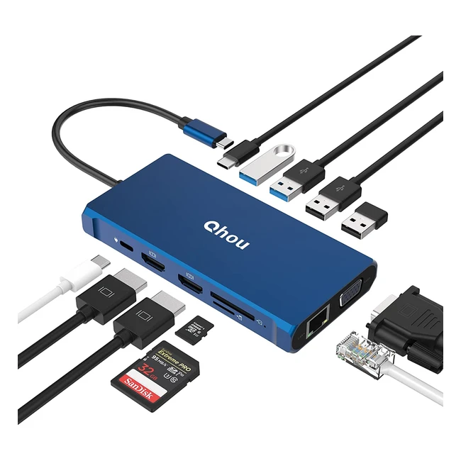 Qhou 12-in-1 USB-C Laptop Dockingstation mit dreifachem Display 2 HDMI 4K VGA