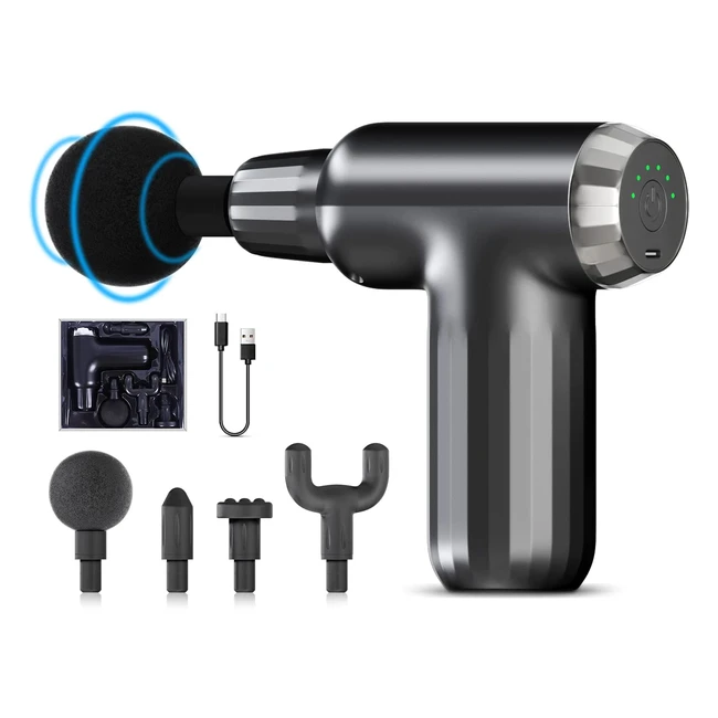 Pistola Masajeadora Muscular Silenciosa  4 Cabezales de Silicona  4 Velocidade