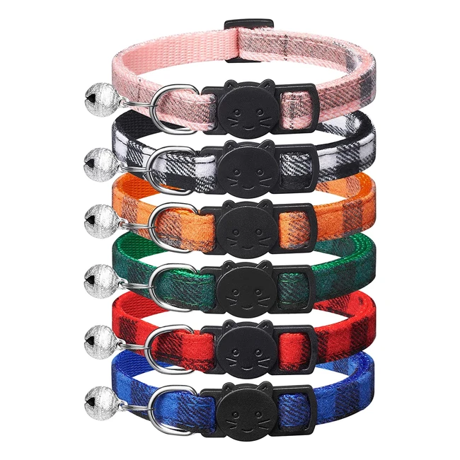Classic Plaid Cat Collar with Bell - 6 Pack - Safe and Adjustable - Ideal for Girl and Boy Cats