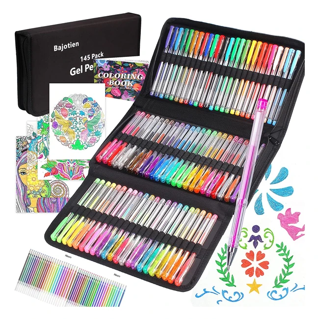 145 Pack Glitter Gel Pens Set - 72 Unique Colors + Refills + Coloring Book