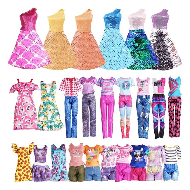 Ensemble de 12 vtements pour poupe Barbie - Robes  paillettes et  fleurs
