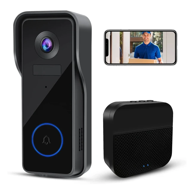 1080P Video Doorbell Camera with Chime - Wireless Battery Operated, PIR Motion Detection, 2-Way Audio, Night Vision, IP65 - Max 128GB SD Card