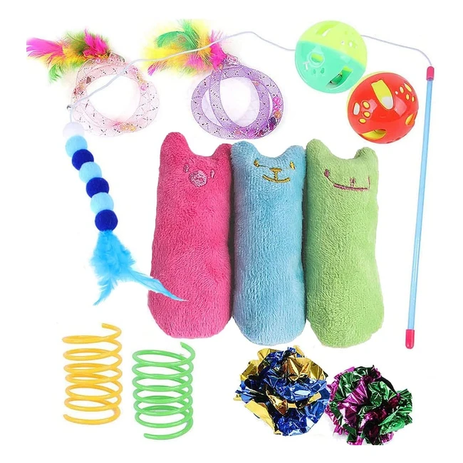 12 Pcs Cat Toys for Indoor Cats - Plush Catnip Toy, Feather Teaser Wand, Interactive Spring Toy - Speedy Panther
