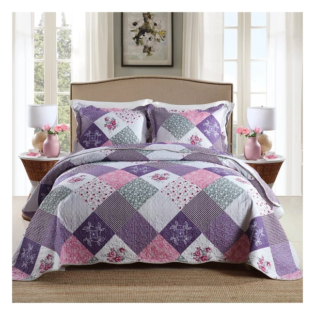 Chic Purple Quilted Bedspread King Size with Floral Patchwork - Soft Pylocotton Material
