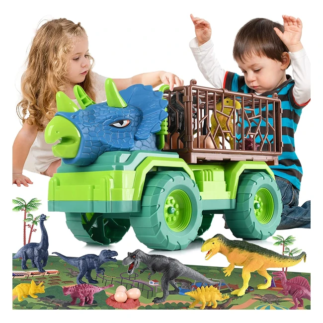 Eppo Dinosaur Truck Playset - Large Triceratops Vehicle with 8 Jurassic Dinosaurs and Activity Play Mat - Perfect Kids Gifts for Ages 3-6