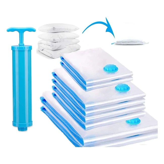 Bolsas de Almacenamiento al Vacío Hiegvor - Ahorra Espacio y Protege tus Ropas y Mantas - 8 Piezas (2 Grandes, 4 Medianas, 2 Pequeñas) con Bomba de Vacío Incluida