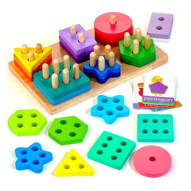 Hellowood Montessori Wooden Sorting and Stacking Board - Educational Toy for 1-3 Year Old Toddlers - 24pcs Shape Blocks - Gift for Baby Boys and Girls