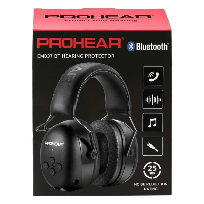 Cascos antiruido Prohear 037 Bluetooth 5.1 - Recargables, manos libres, orejeras de seguridad para cortar el césped, carpintería y jardinería - Negro