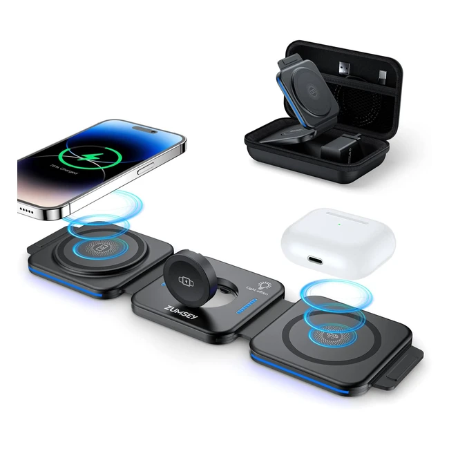 Zumsey Foldable Wireless Charger - 3 in 1 Charging Station for iPhone 14/13/12/11 Pro Max/Mini/XS/XR, iWatch, AirPods with Magnetic Stand