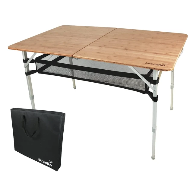 Skandika Tolja Campingtisch - Faltbarer Tisch aus Bambus mit Netzregal und 3-facher Höhenverstellung