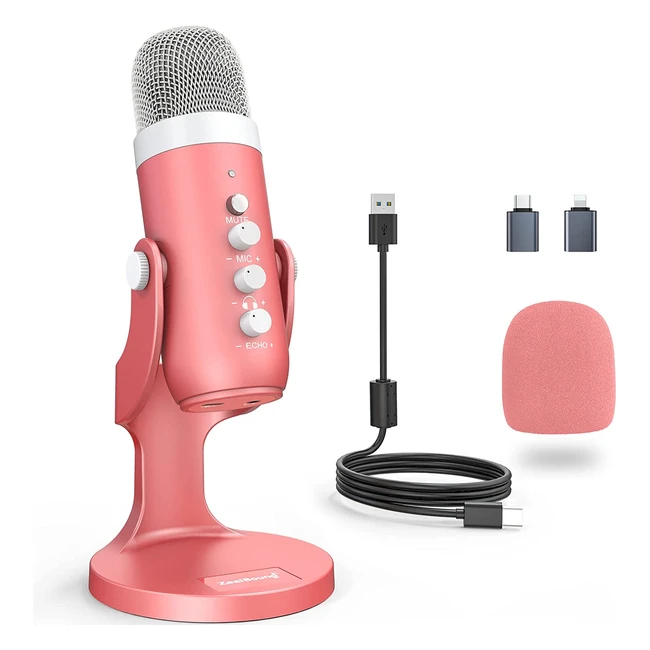 ZealSound USB Microphone - Professional Cardioid Streaming Mic for Gaming, Recording, YouTube, Twitch, TikTok - Plug & Play with Phone Adapters - K66 Pink